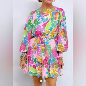 NWOT Flying tomato Green Multicolor Botanical Bubble Sleeve Mini Dress size M